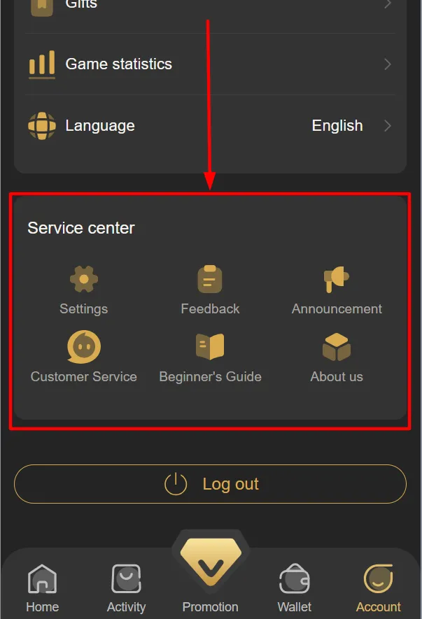 Service Center option highlighted at the bottom of the page